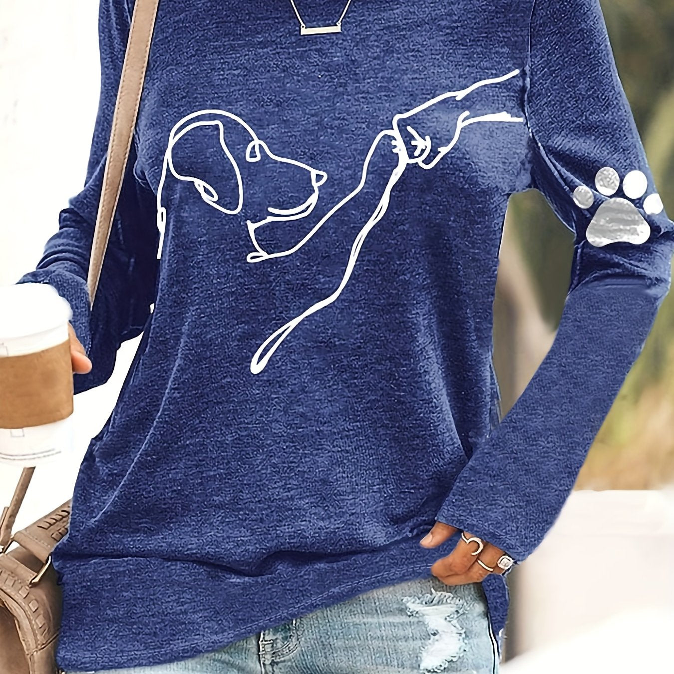 Dog & Paw Print T-shirt, Casual Long Sleeve Top For Spring & Fall, Women's Clothing