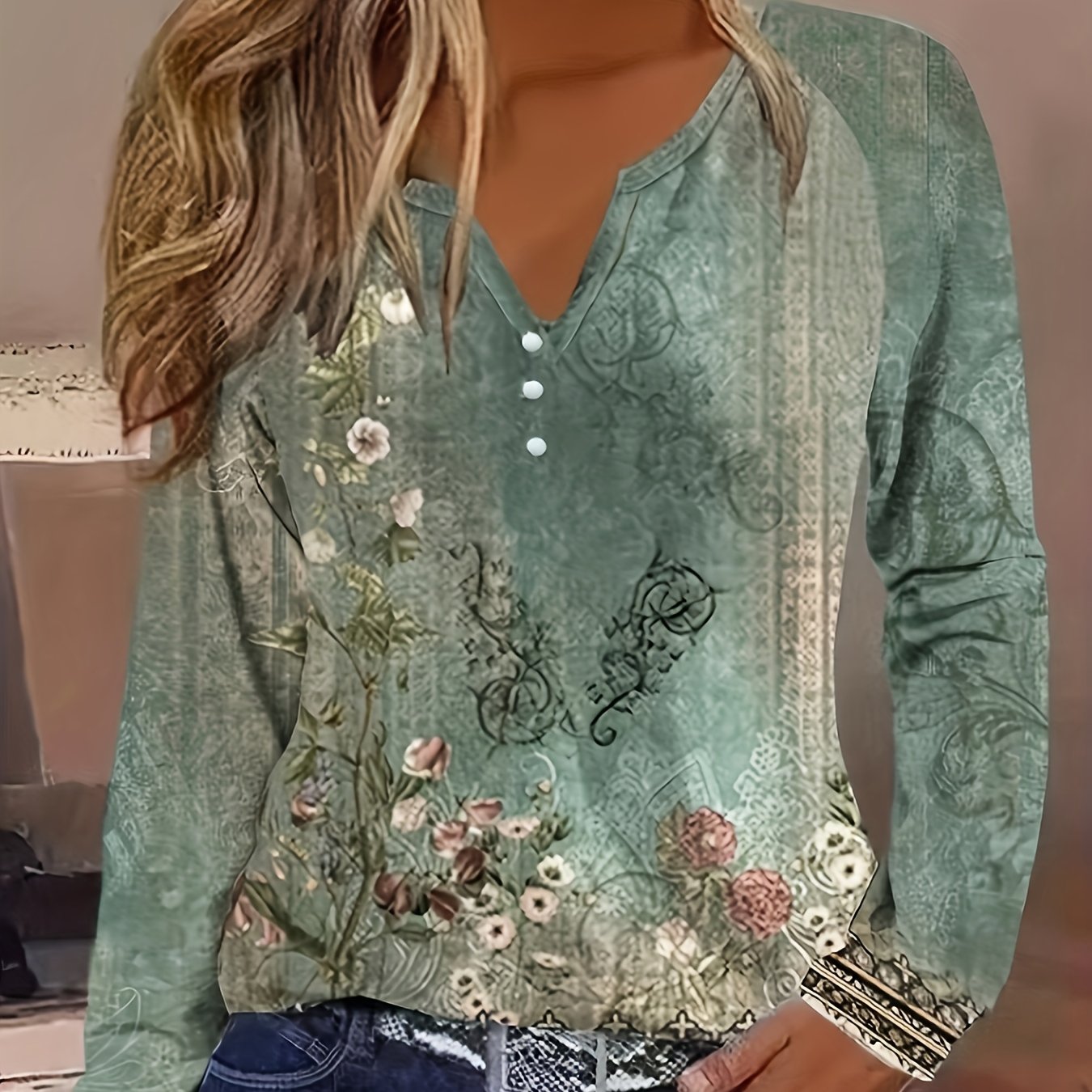 Floral Print Notch Neck T-Shirt, Casual Long Sleeve Top For Spring & Fall, Women's Clothing