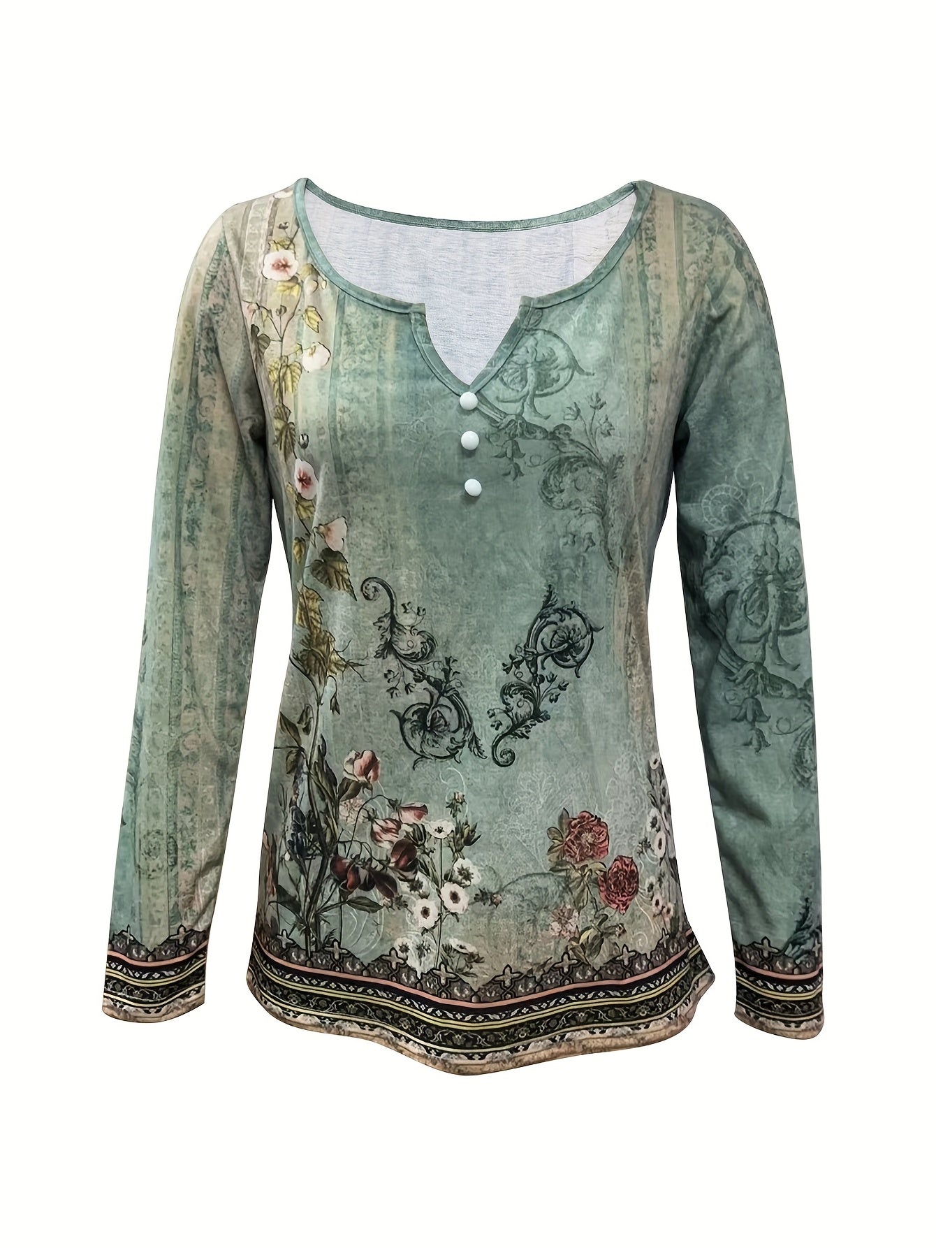 Floral Print Notch Neck T-Shirt, Casual Long Sleeve Top For Spring & Fall, Women's Clothing